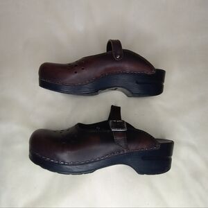 Dansko Leather Chocolate Brown Merrie Mary Jane Buckle Strap Perforated Toe Clog